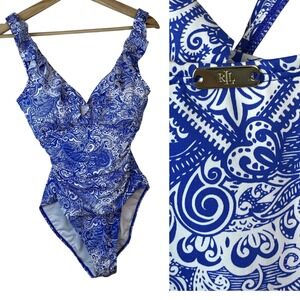 Lauren Ralph Lauren Artisanal Woodblock Swimsuit Size 8 One-Piece Blue Ruffle